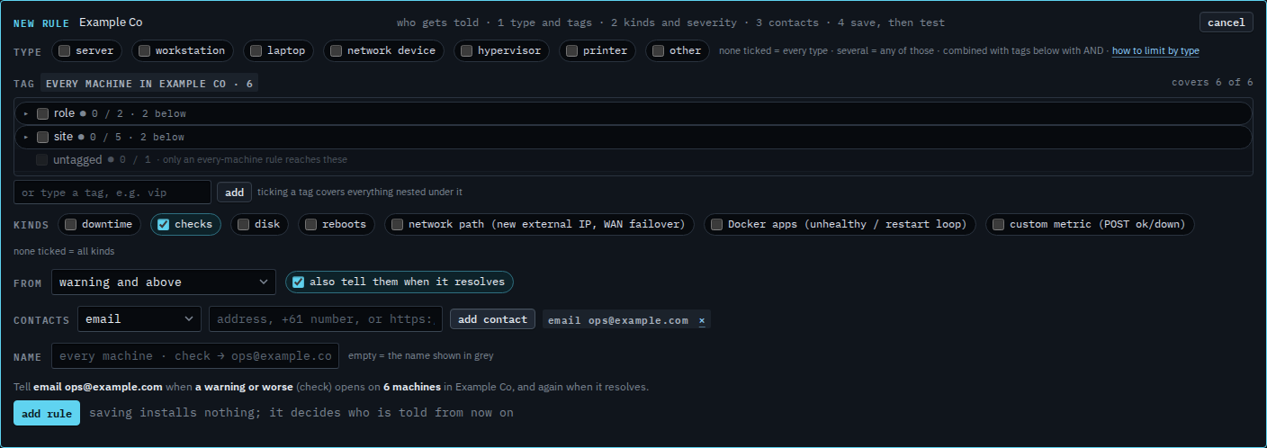 Rule editor with checks ticked, an email contact, and a preview that names check