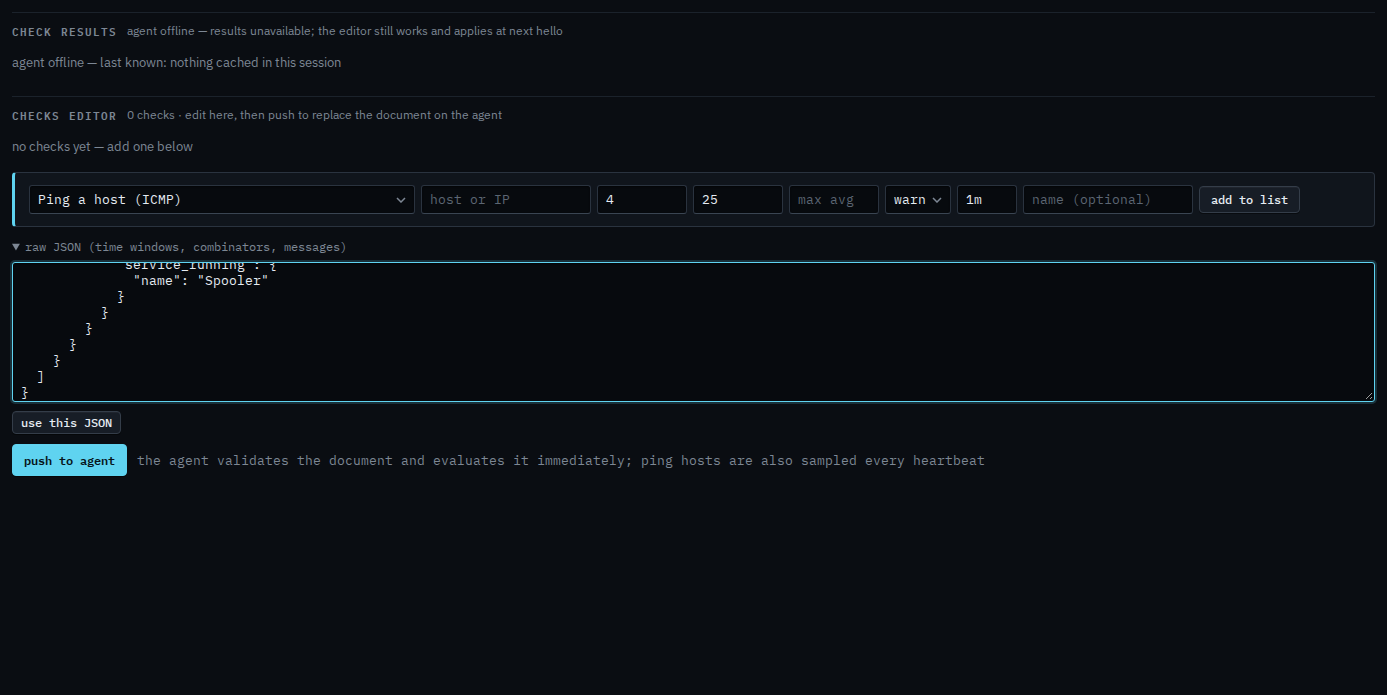 Checks editor with raw JSON for a weekday time window around the spooler