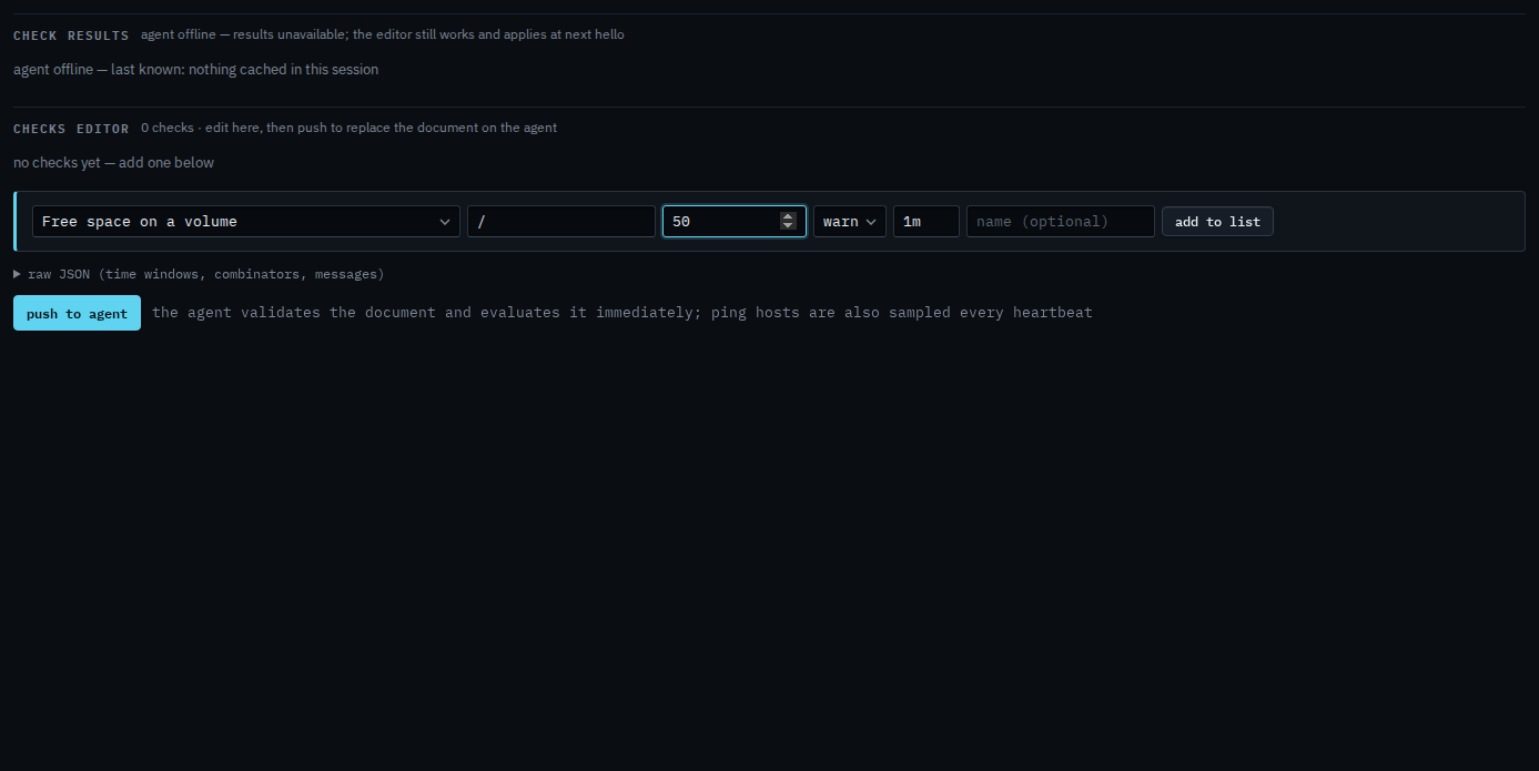 Checks editor with a free-space check filled in at warn severity and a 1m interval