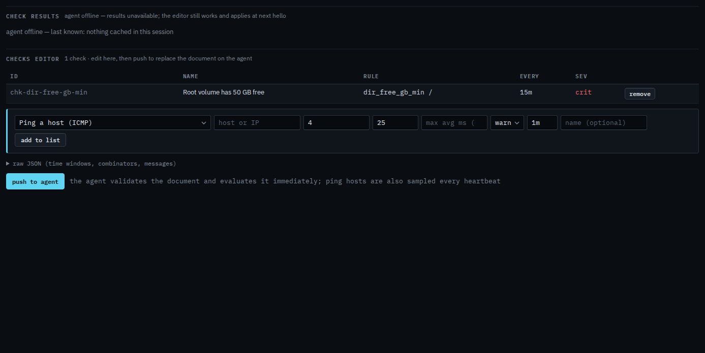 Checks list with a free-space check at critical severity and a 15 minute interval, not yet pushed