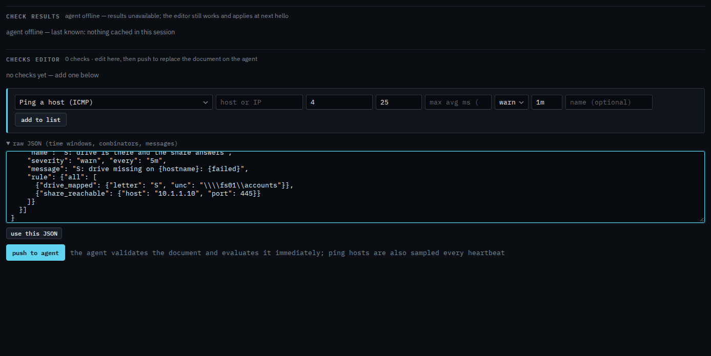 Checks editor with raw JSON requiring a mapped drive and a reachable share