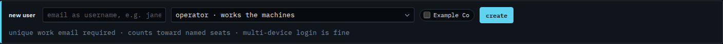 New user form with the role menu on operator and the company unticked