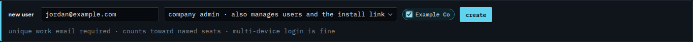 New user form with company admin selected and Example Co ticked