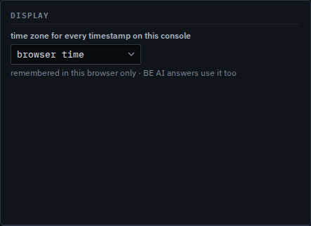 Settings display box with the time zone set to browser time