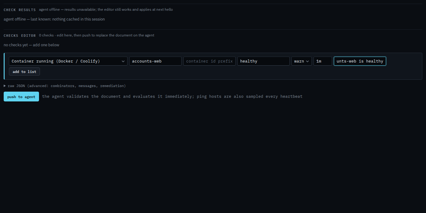 Checks editor with a container check for accounts-web, health healthy