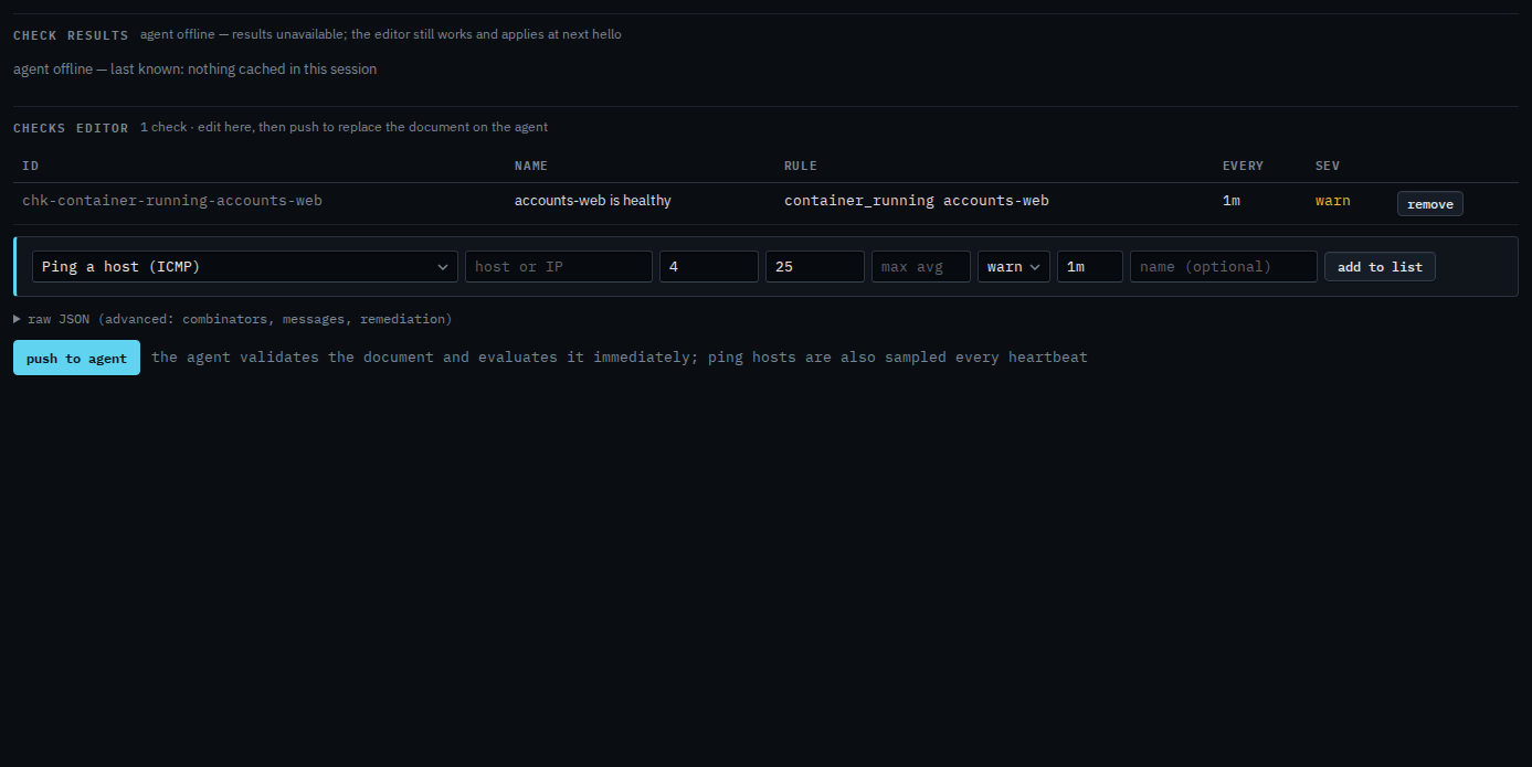 Checks list with a container check named accounts-web is healthy, not yet pushed