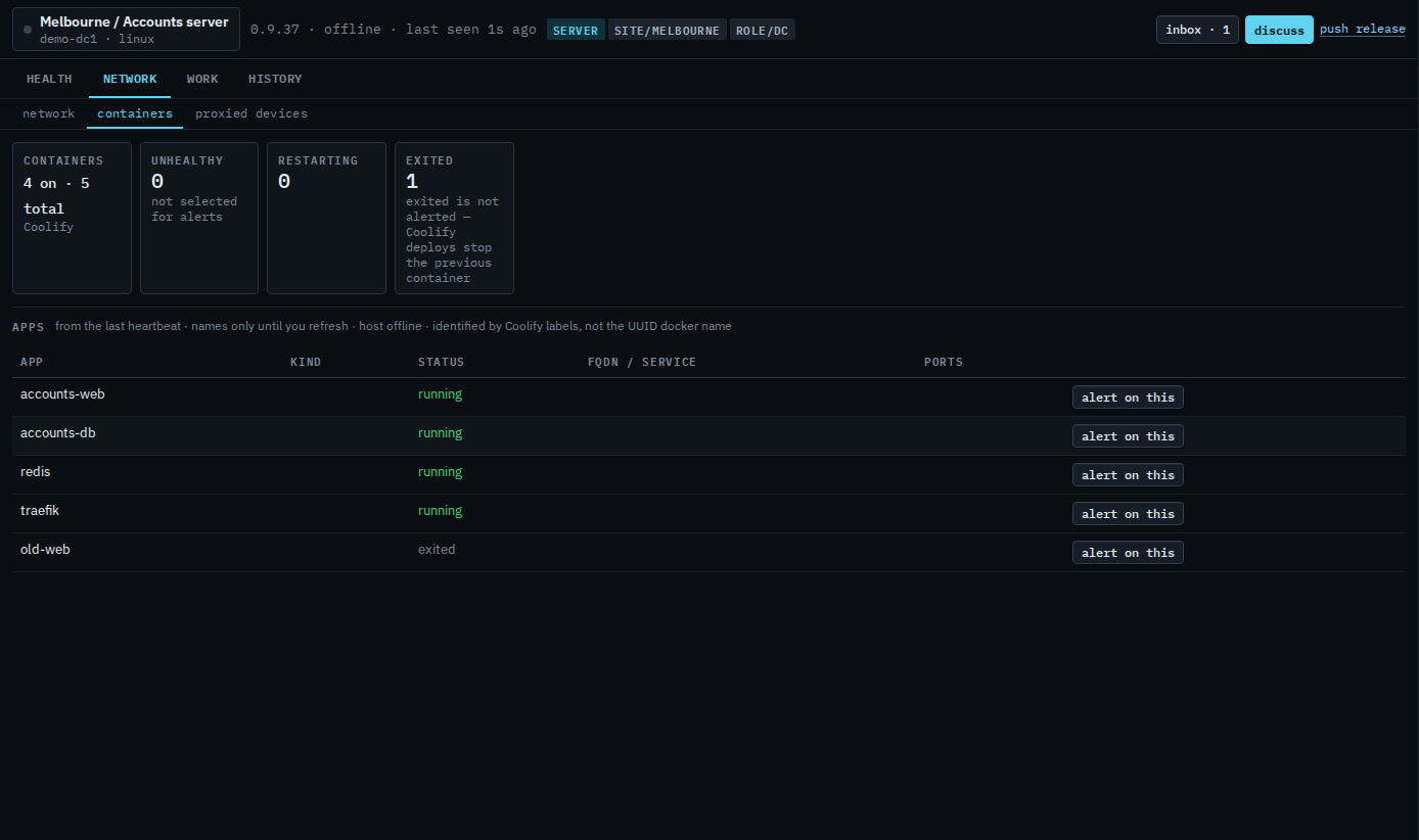Containers tab listing Coolify app names with alert on this