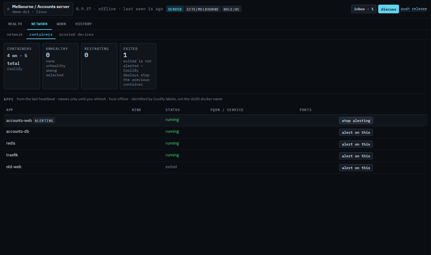 Containers tab with accounts-web marked alerting