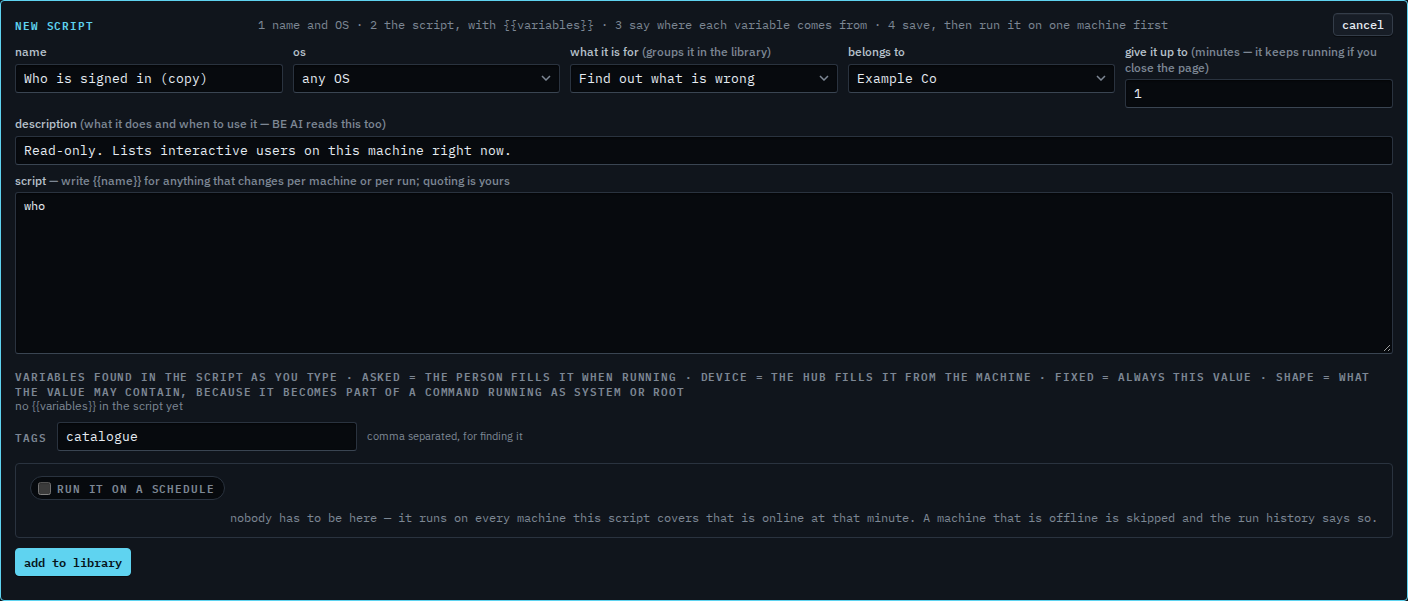 New script editor titled with Who is signed in (copy), not yet saved