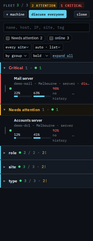 Fleet list with Critical pinned above Needs attention