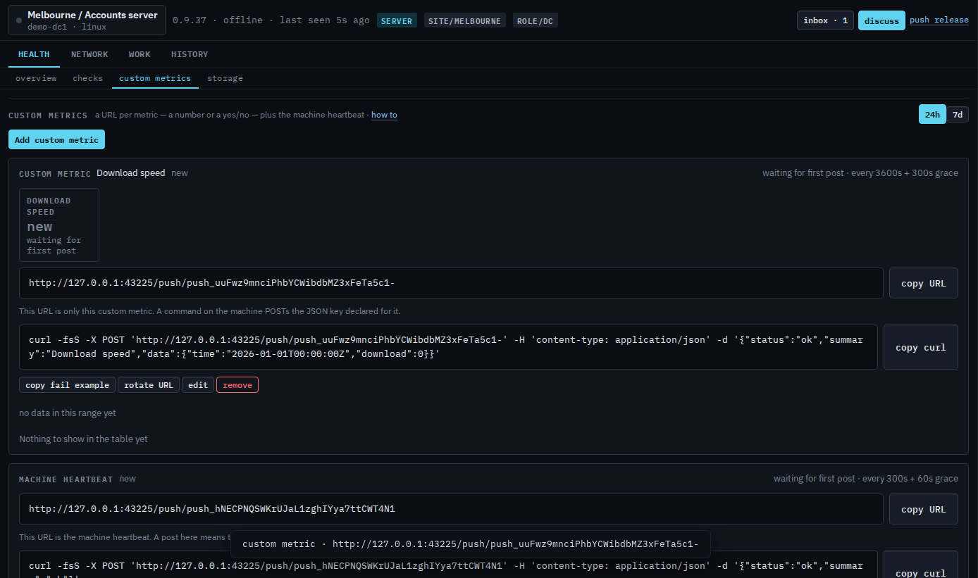 Custom metric card for Download speed with its own URL and a new status