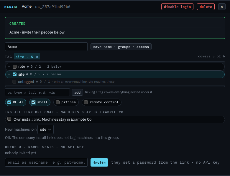 Manage dialog for Acme with shell ticked and save not yet pressed