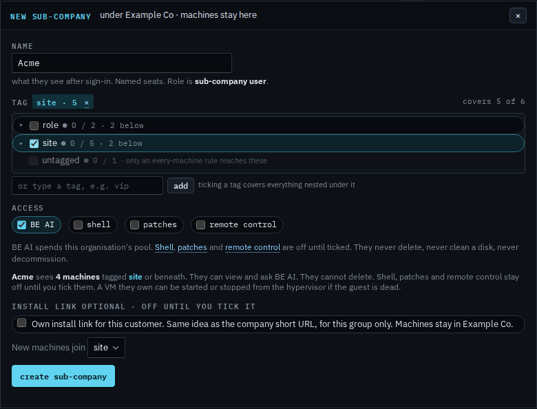 New sub-company dialog named Acme with BE AI ticked and the site group selected