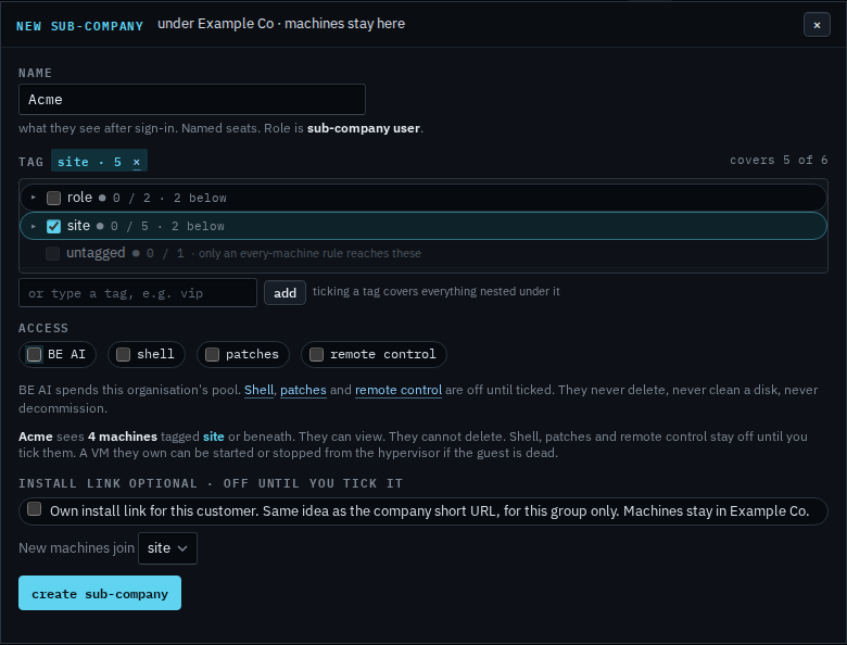 New sub-company dialog named Acme with BE AI cleared