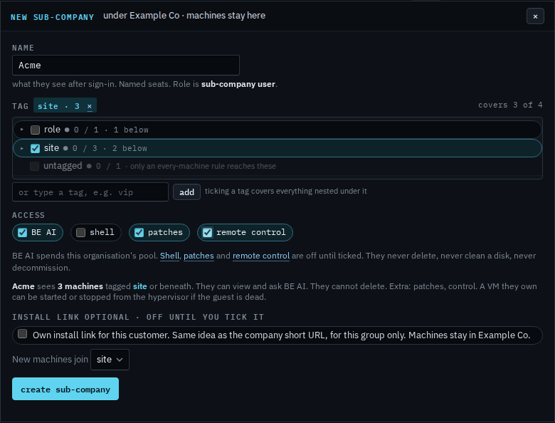 New sub-company dialog named Acme with the site group and remote control ticked