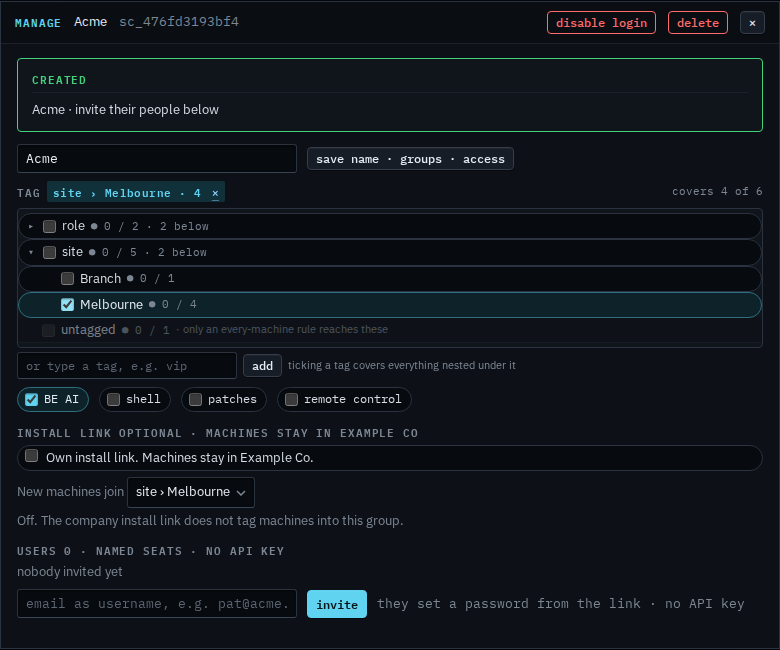 Manage dialog for Acme with site Melbourne ticked and site cleared