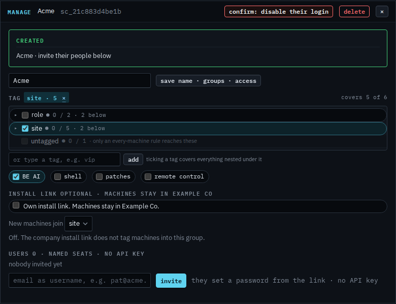 Manage dialog for Acme with disable login armed as confirm: disable their login