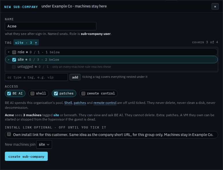 New sub-company dialog named Acme with the site group and patches ticked