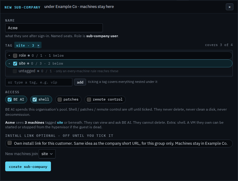 New sub-company dialog named Acme with the site group and shell ticked