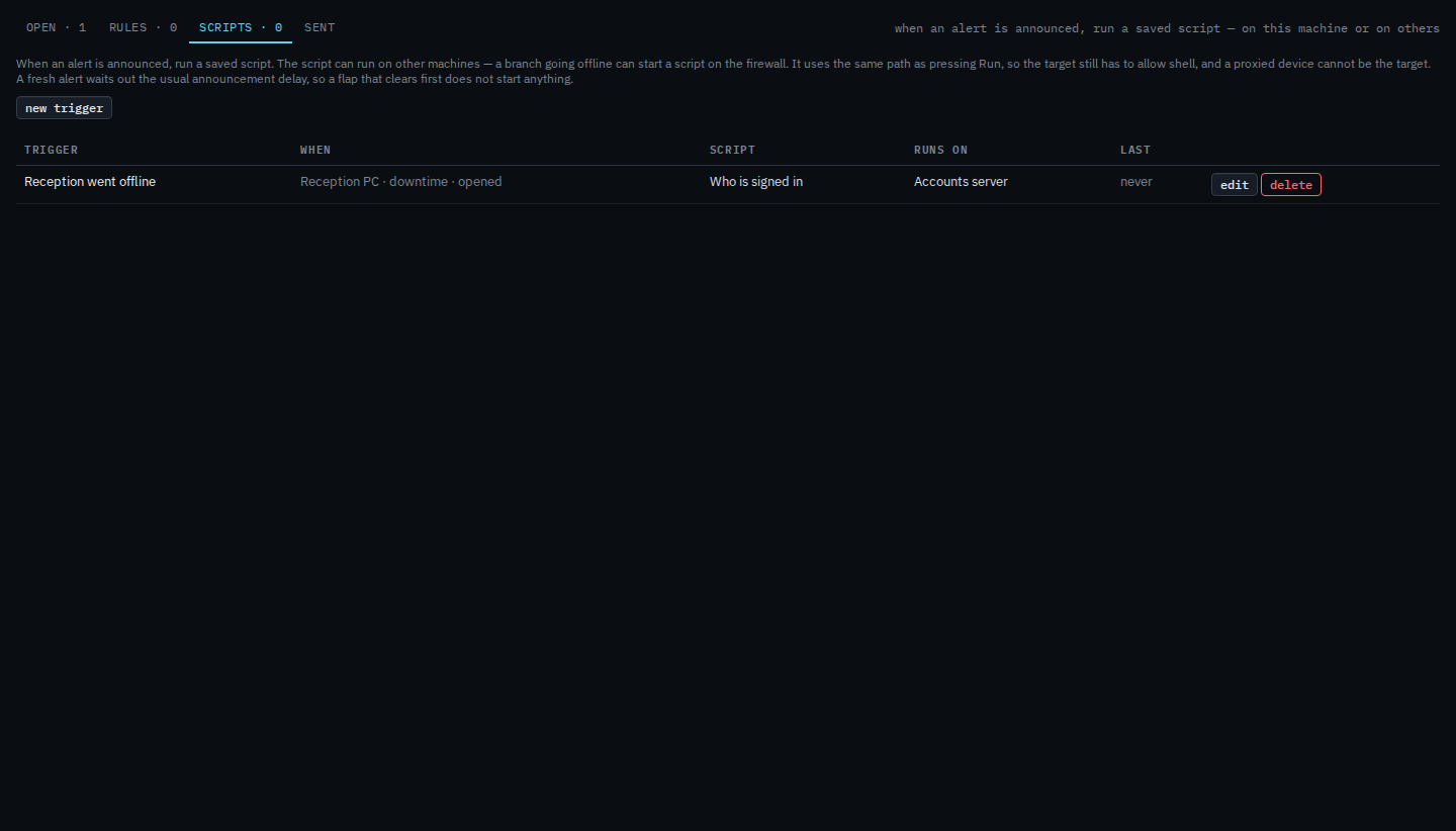 Alerts scripts list with a delete button on the trigger row