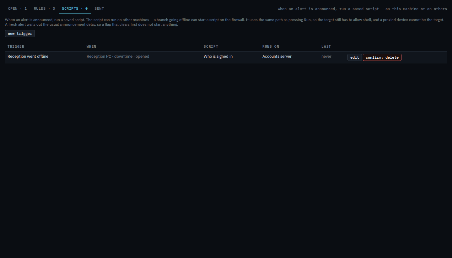 Alerts scripts list with the delete button armed, asking to confirm