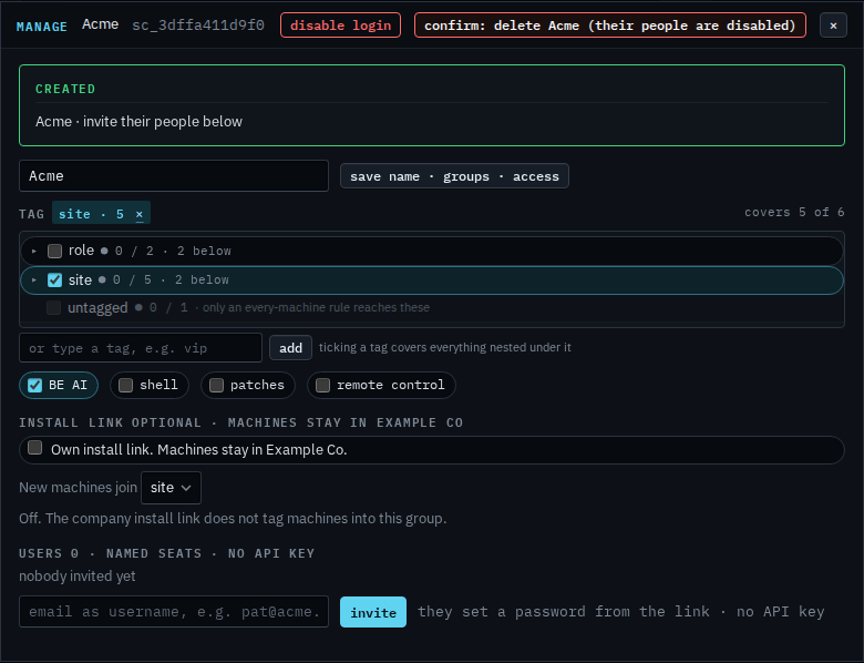 Manage dialog for Acme with delete armed as confirm: delete Acme (their people are disabled)