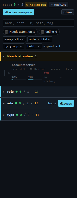 Fleet list with discuss everyone and a discuss button on each group