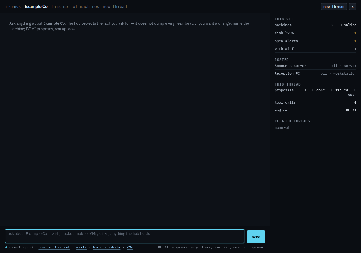 Discuss modal titled Example Co with a composer for the set of machines