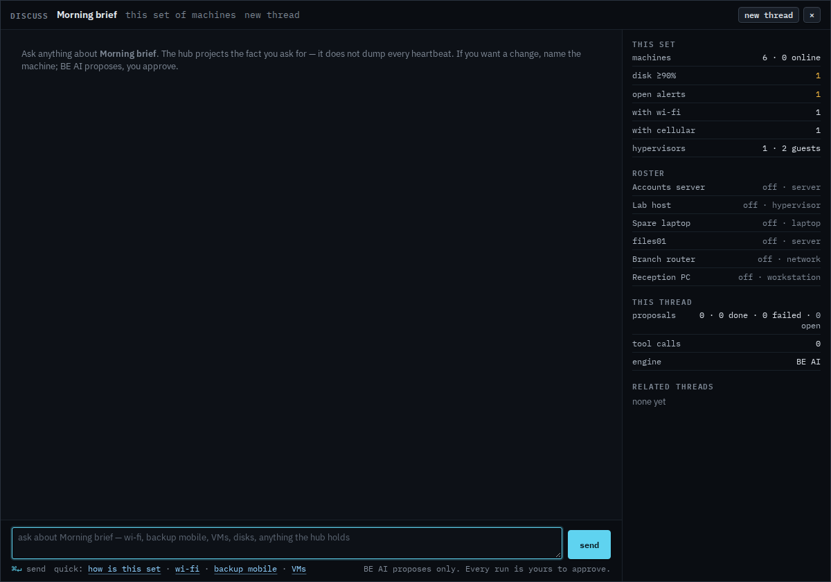 Discuss modal titled Morning brief, about this set of machines, with an empty composer