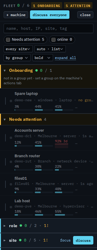 Fleet list with discuss on the site group row