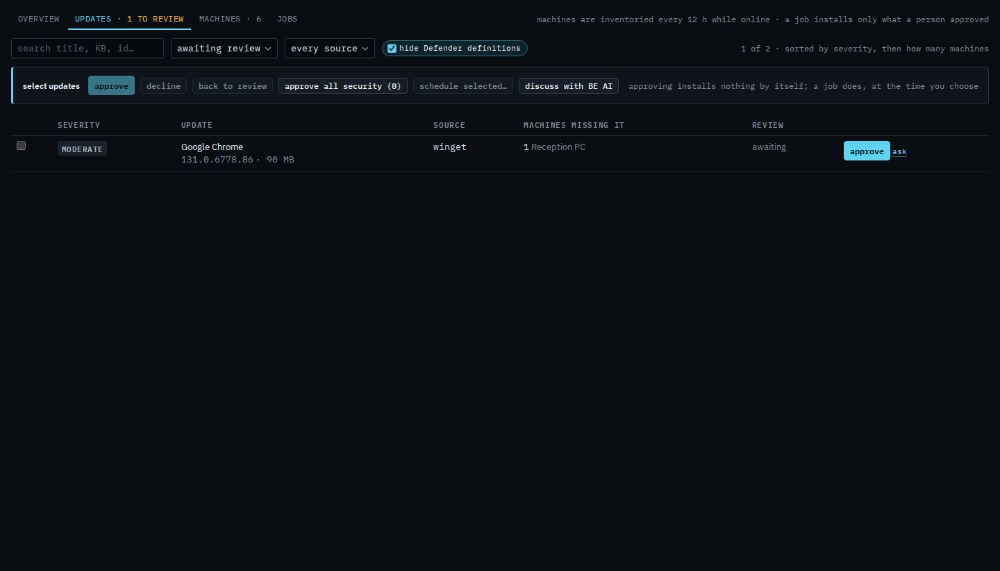 Patches updates tab with discuss with BE AI on the review bar
