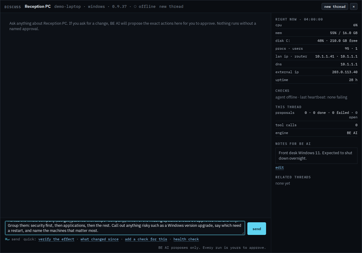Discuss window filled with a question about which company updates to approve first