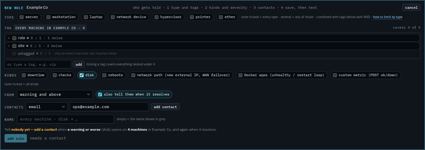 New alert rule with the disk kind ticked and an email address in the contact field