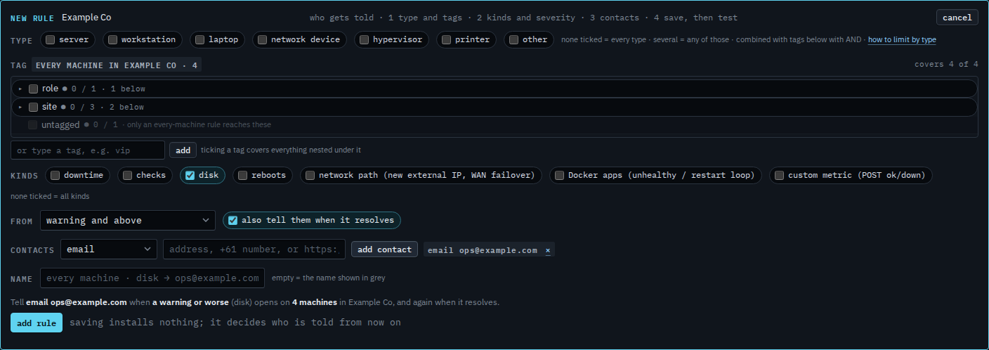 Rule editor with disk ticked, an email contact, and a preview that names disk