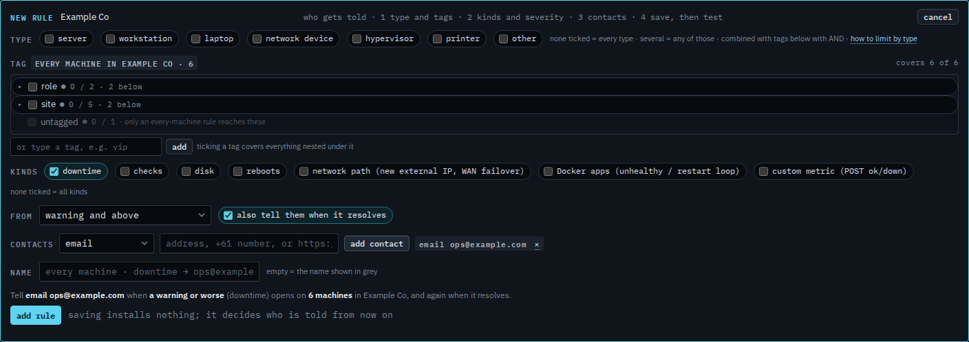 Rule editor with downtime ticked, an email contact, and a preview that names downtime