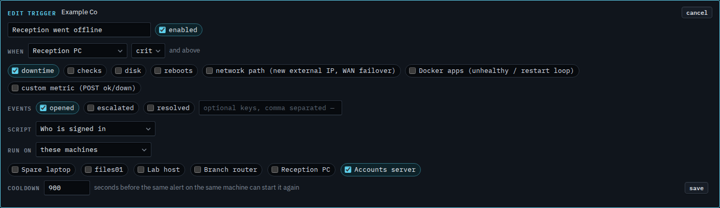 Edit trigger editor with severity set to critical and the script still Who is signed in