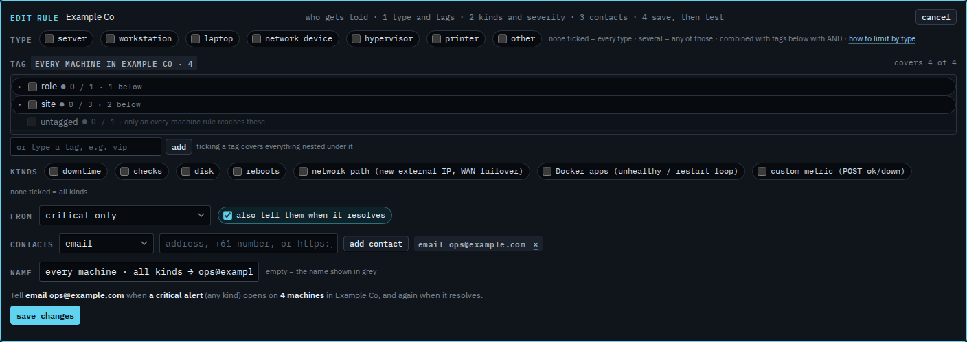 Edit rule editor with severity set to critical only and the contact still ops@example.com