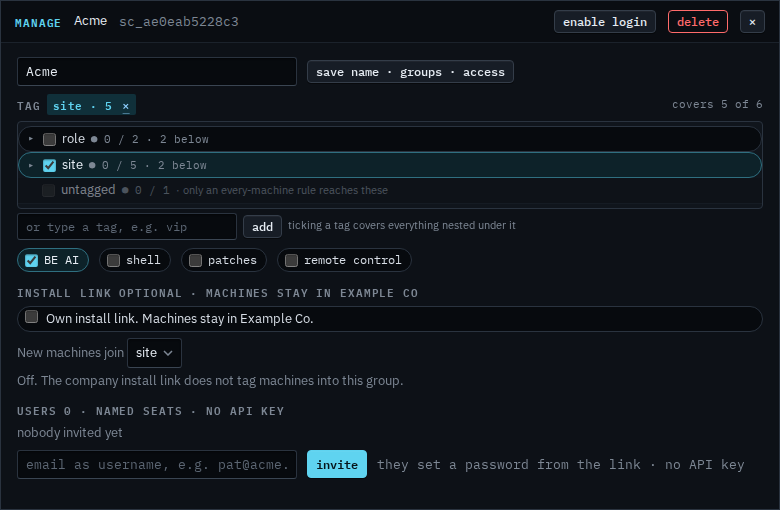 Manage dialog for Acme with the enable login button after the login was disabled
