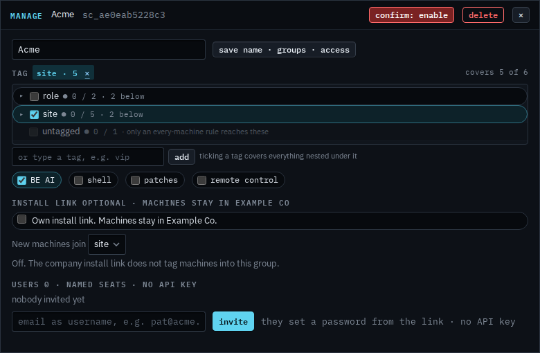 Manage dialog for Acme with enable login armed as confirm: enable