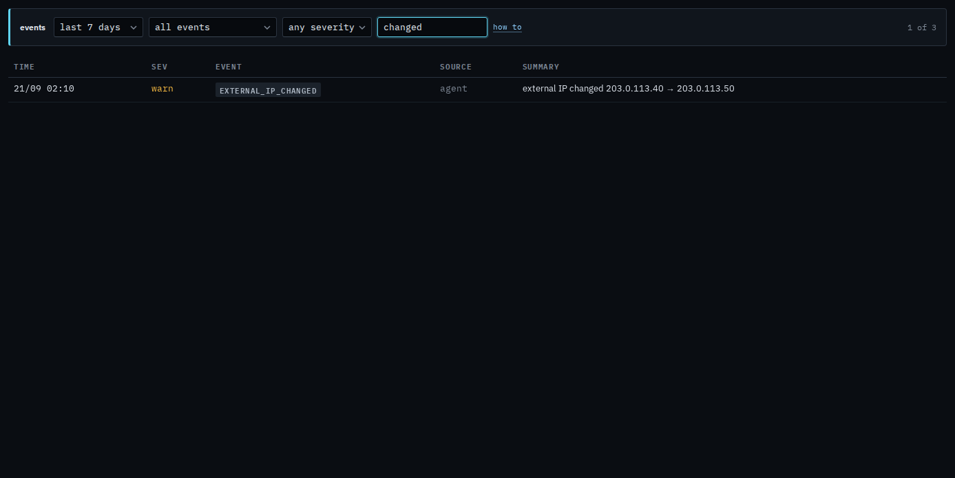 Machine events search for changed, showing only the external address line