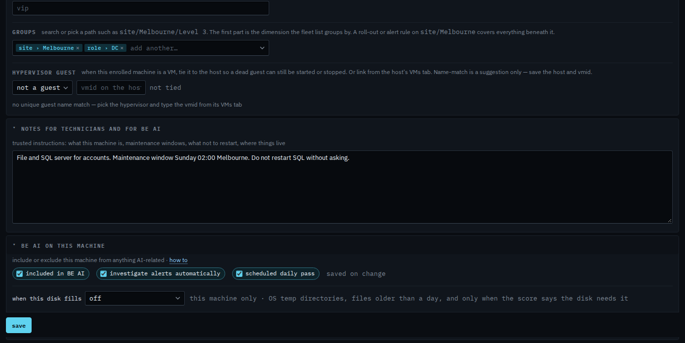 Actions tab with BE AI included, alert investigations on, and the daily pass on