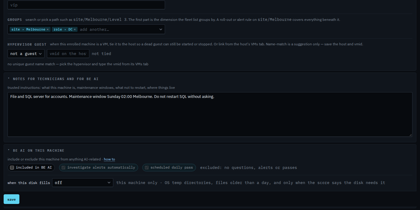 BE AI panel with included in BE AI cleared and the status reading excluded