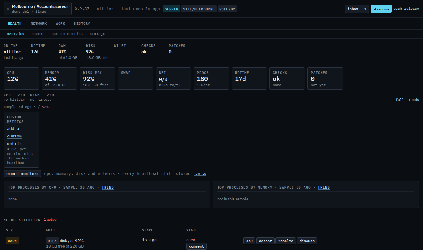 Machine overview with an export monitors button