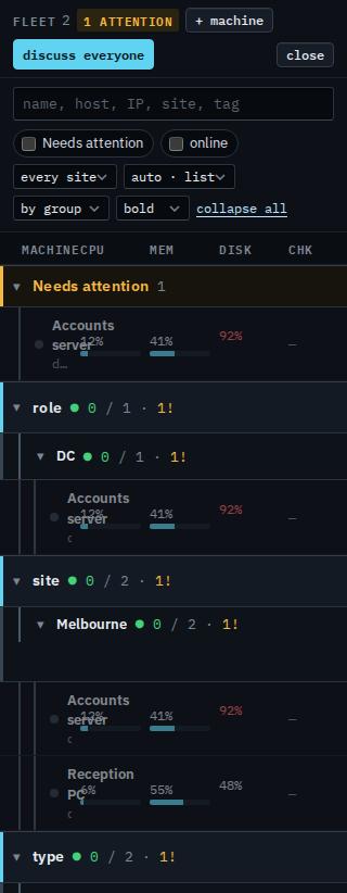 Fleet list with two demo machines grouped by site