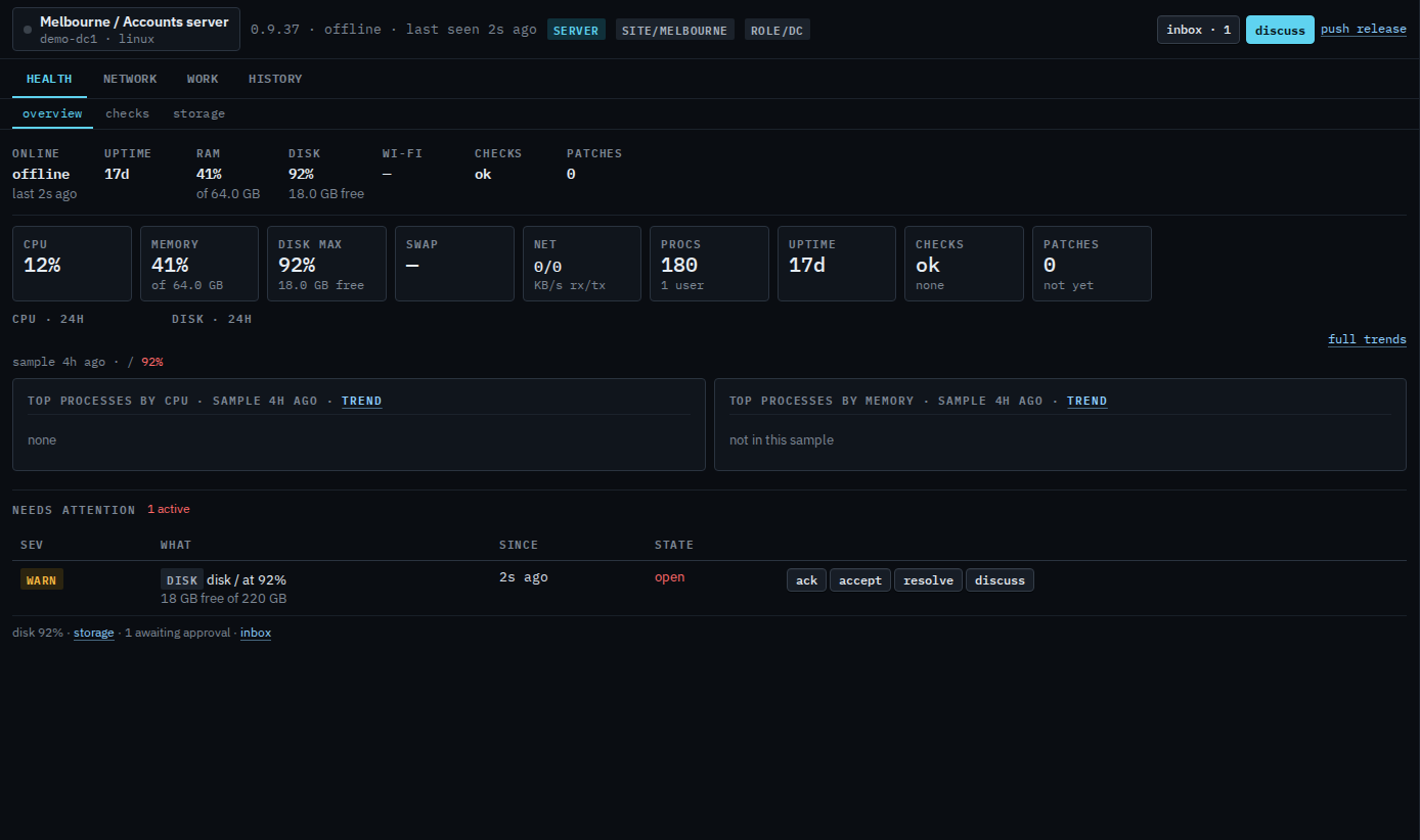Machine panel overview for Accounts server