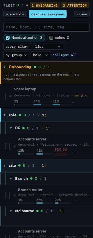 Fleet list filtered to machines that need attention