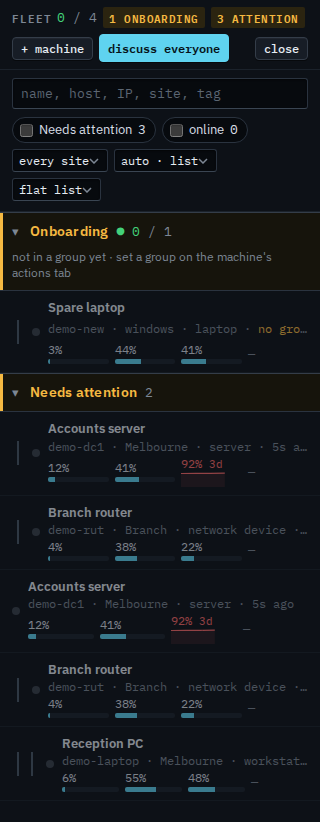 Fleet list set to flat list, with onboarding above the machines