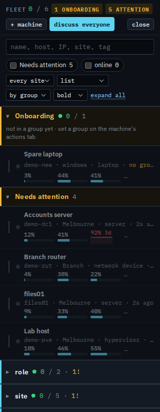 Fleet list with Needs attention and Onboarding open, and the site and role headings collapsed
