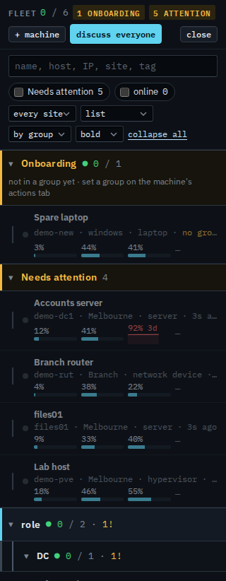 Fleet list with site and role expanded, showing Reception PC under Melbourne