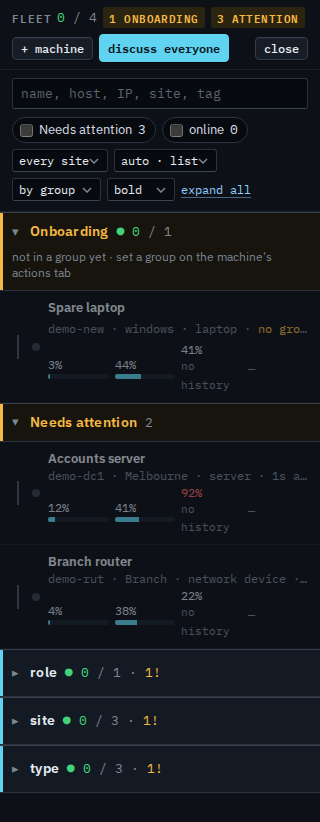 Fleet list with the Onboarding section open and a machine that has no group